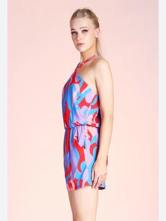 Tyche Pants - Tyche Abstract Print Halter Romper Size M Blue Red Pink